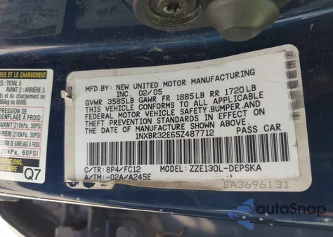 2005 Toyota Corolla S из США, поврежденный, VIN 1NXBR32E65Z487712